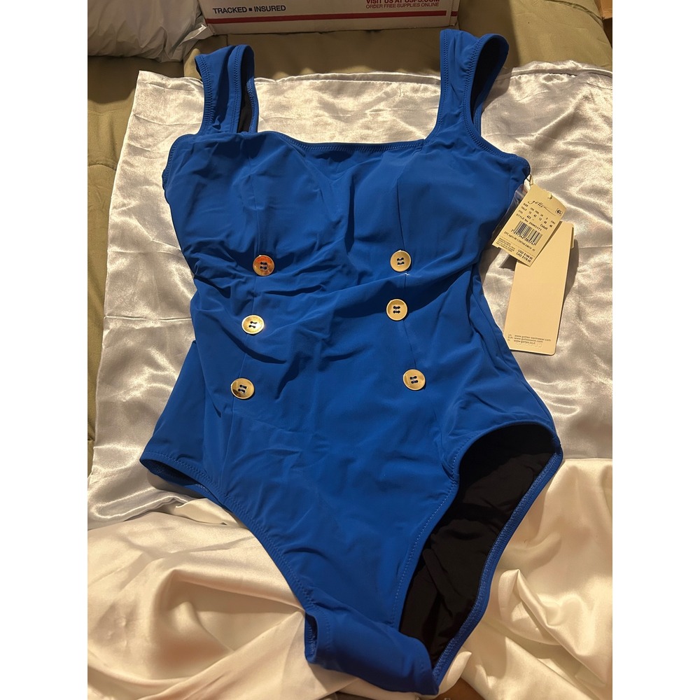 Gottex Blue Nautical Double Breasted One Piece Swimsuit Size 10 Luxury Chic